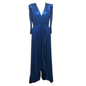 Retrofete Metallic High Low Hem Wrap Dress Size Large Electric Blue Puff Sleeve